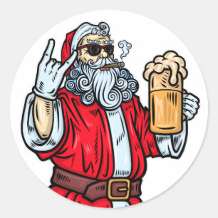 Bad Santa Claus, Rock, Beer and Cigar Classic Round Sticker