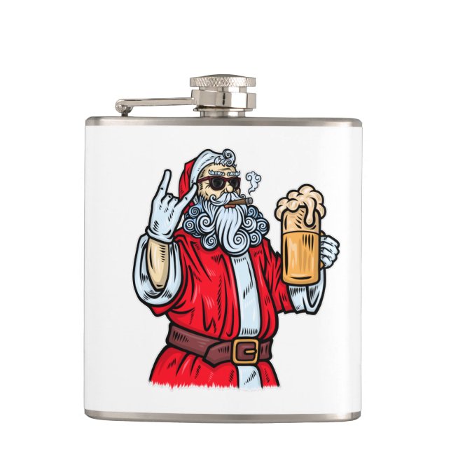 Bad Santa Claus, Rock, Beer and Cigar Hip Flask (Front)