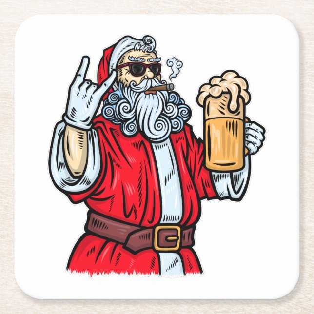 Bad Santa Claus, Rock, Beer and Cigar Square Paper Coaster (Front)