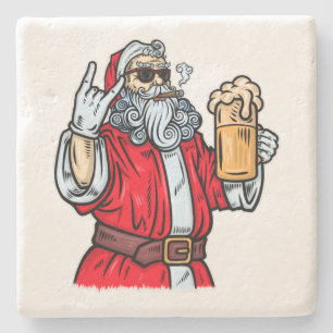 Bad Santa Claus, Rock, Beer and Cigar Stone Coaster