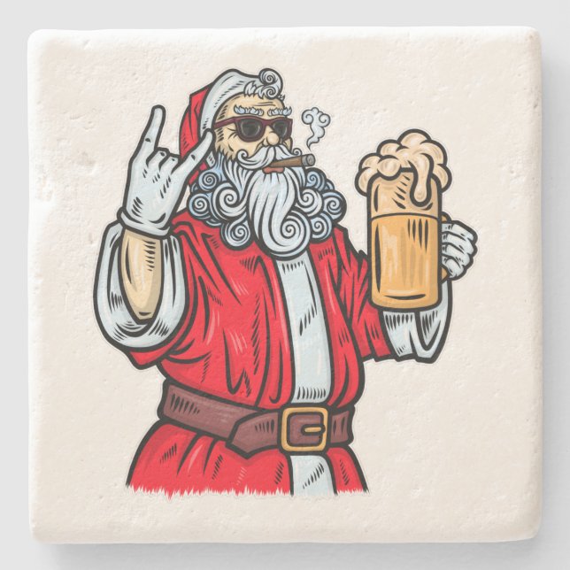 Bad Santa Claus, Rock, Beer and Cigar Stone Coaster (Front)