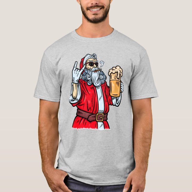 Bad Santa Claus, Rock, Beer and Cigar T-Shirt (Front)