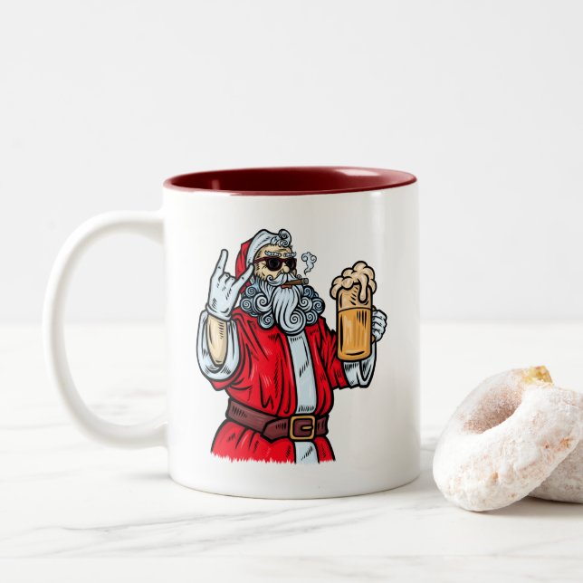 Bad Santa Claus, Rock, Beer and Cigar Two-Tone Coffee Mug (With Donut)