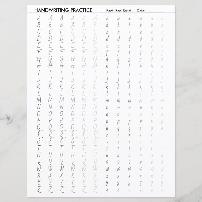 Bad Script Handwriting Practice Alphabet Sheet (Front)