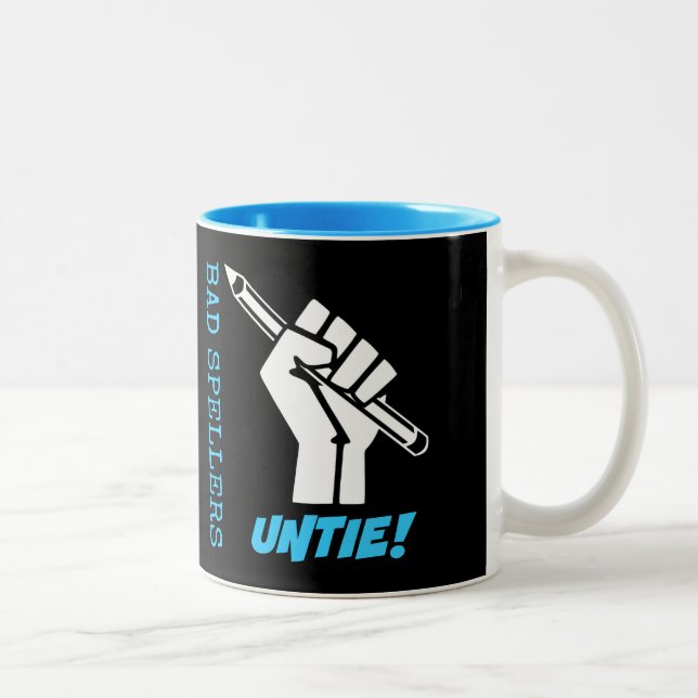 Bad Spellers Untie! Raised Fist Grammar Humour Two-Tone Coffee Mug (Right)