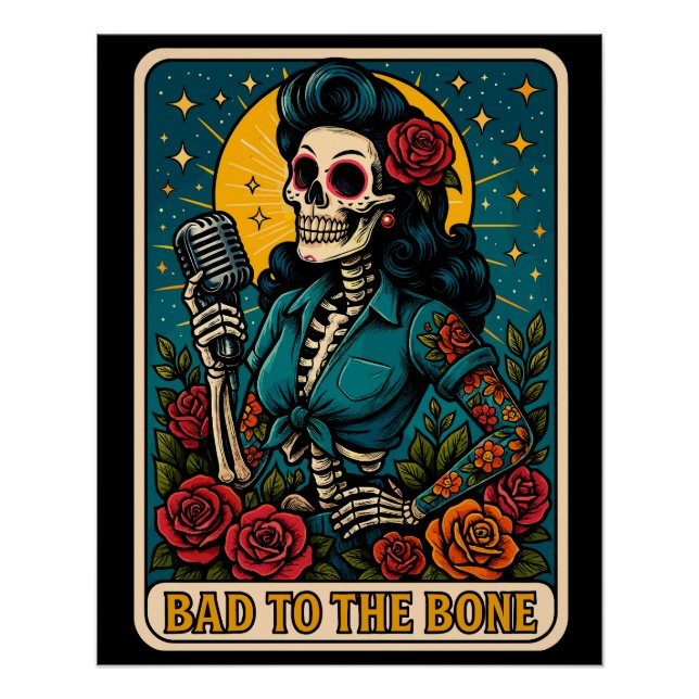 Bad to the Bone Retro Skeleton Singer Poster (Front)
