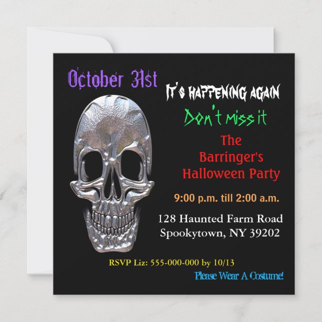 Bad to the Bone Skull Halloween Square Invitation (Front)