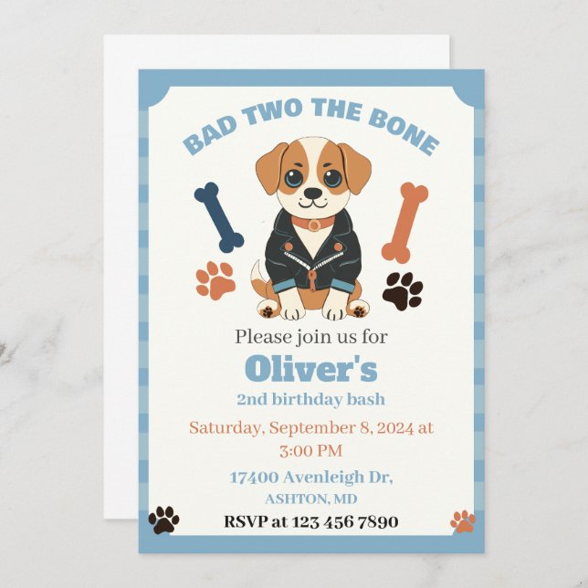 Bad two the bone dog invitation, puppy party invitation (Front/Back)