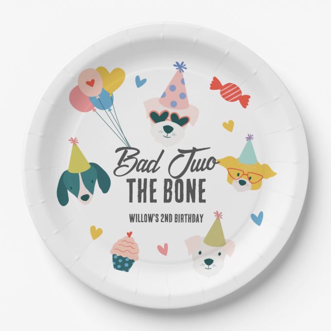 Bad Two the Bone Dogs Balloons 2nd Birthday Paper Plate (Front)