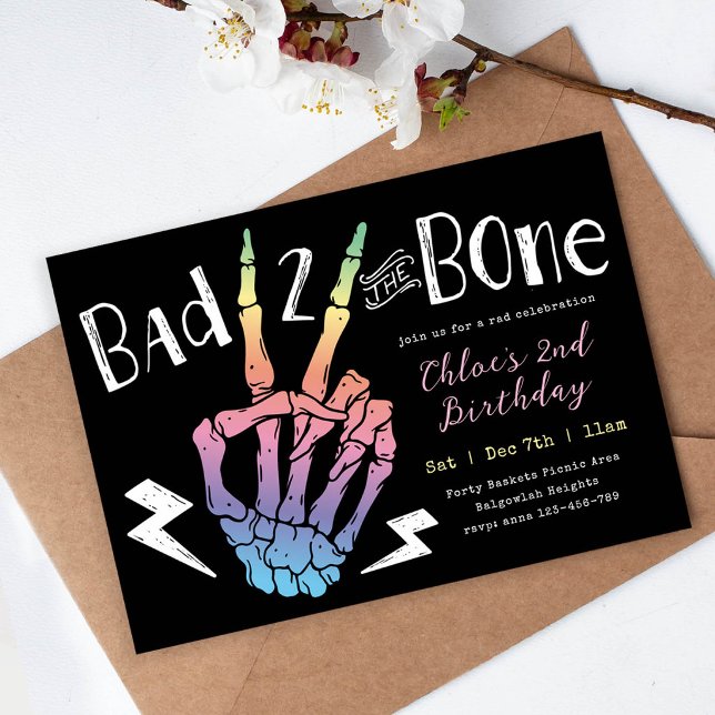 Bad TWO the Bone Girls Pastel Rainbow 2nd Birthday Invitation (Creator Uploaded)