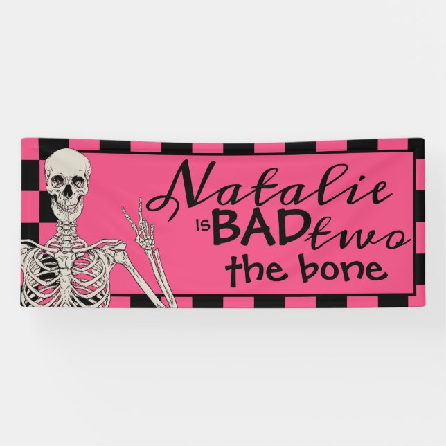 Bad Two The Bone Halloween 2nd Birthday Pink Party Banner (Horizontal)