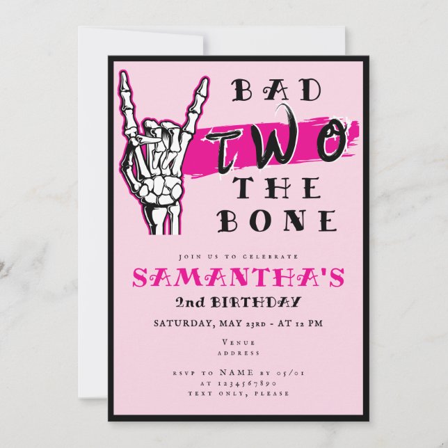 Bad Two The Bone Pink Skeleton Hand 2nd Birthday Invitation (Front)