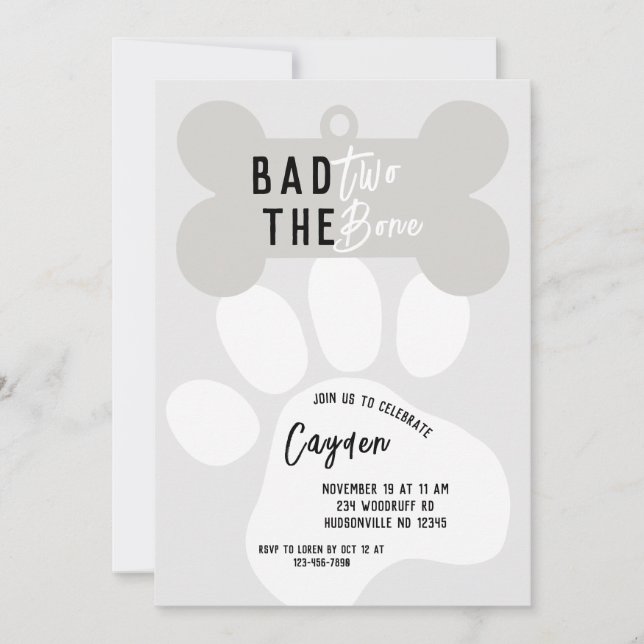 Bad Two The Bone Simple Dog Second Birthday Invitation (Front)