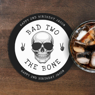 Bad Two the Bone Skeleton Skull 2nd Birthday Party Round Paper Coaster