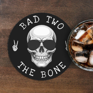 Bad Two the Bone Skeleton Skull 2nd Birthday Party Round Paper Coaster