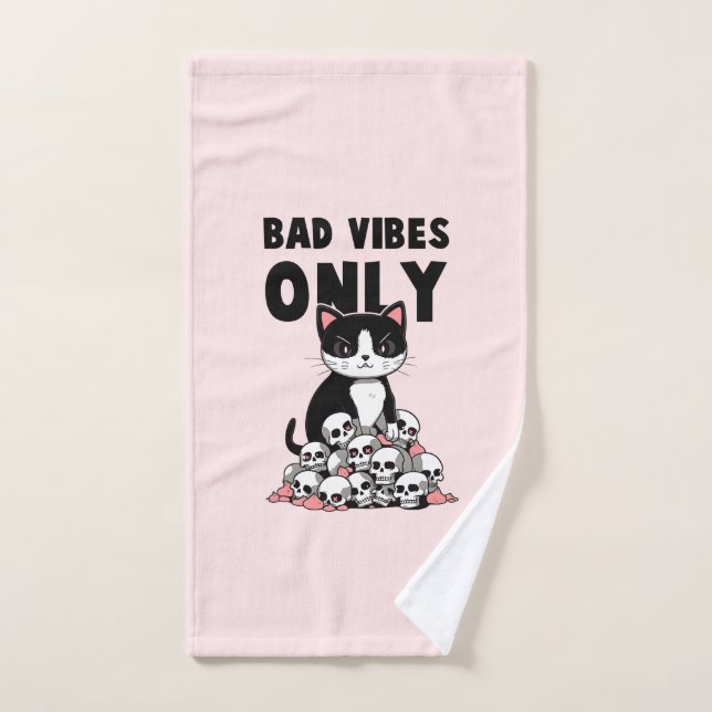 Bad Vibes Only – Cat & Skulls Bath Towel Set (Hand Towel)
