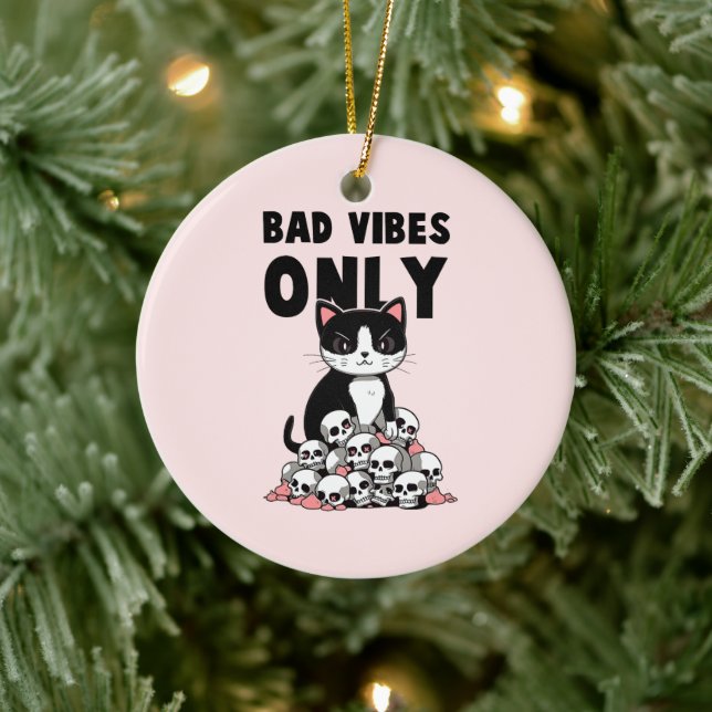 Bad Vibes Only – Cat & Skulls Ceramic Tree Decoration (Tree)
