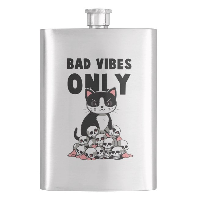 Bad Vibes Only – Cat & Skulls Hip Flask (Front)
