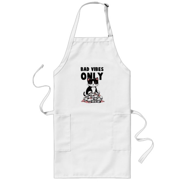 Bad Vibes Only – Cat & Skulls Long Apron (Front)