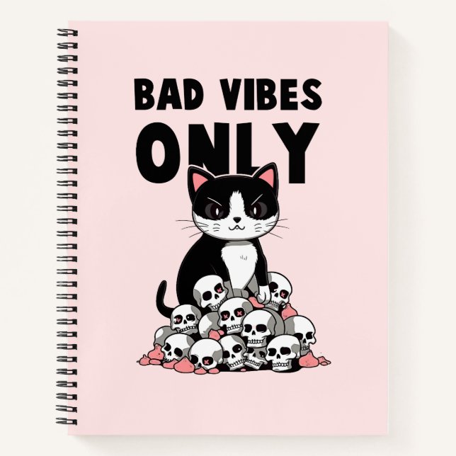 Bad Vibes Only – Cat & Skulls Notebook (Front)