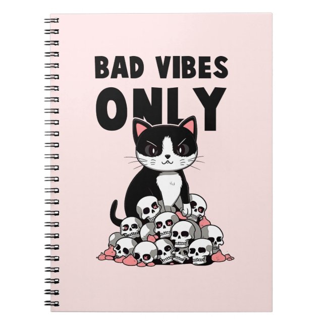 Bad Vibes Only – Cat & Skulls Notebook (Front)
