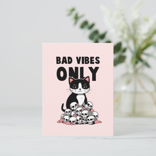 Bad Vibes Only – Cat & Skulls Postcard (Standing Front)