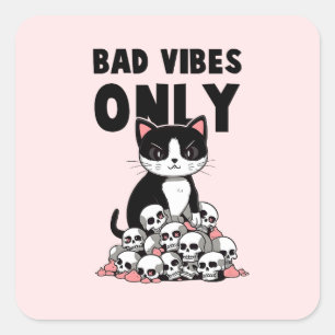 Bad Vibes Only – Cat & Skulls Square Sticker