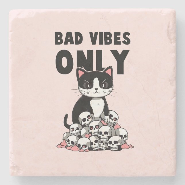 Bad Vibes Only – Cat & Skulls Stone Coaster (Front)