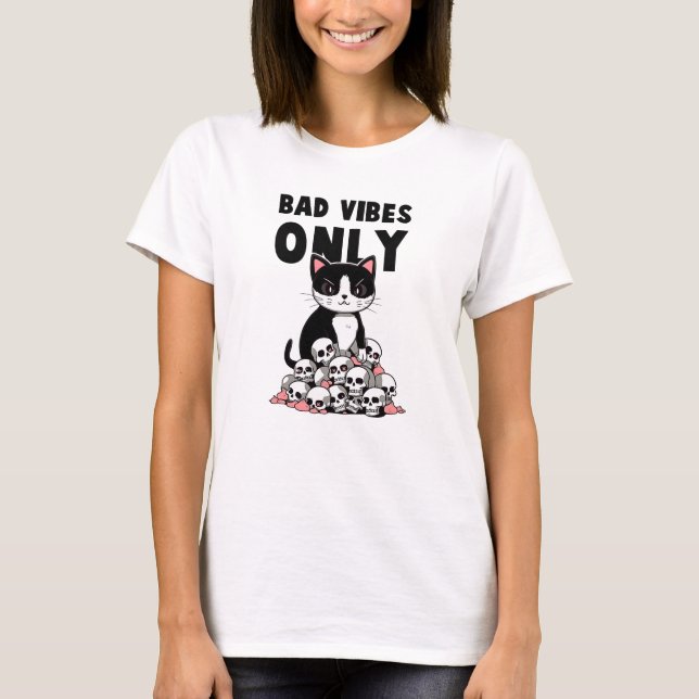 Bad Vibes Only – Cat & Skulls T-Shirt (Front)