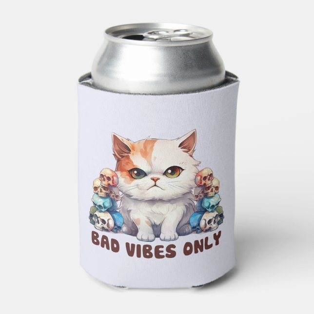 Bad Vibes Only – Fierce Cat & Skulls Gothic Design Can Cooler (Can Front)