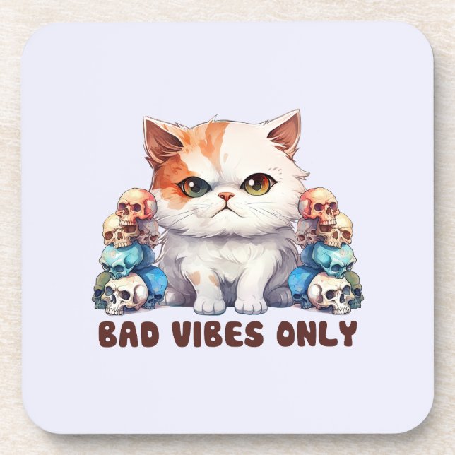 Bad Vibes Only – Fierce Cat & Skulls Gothic Design Coaster (Front)