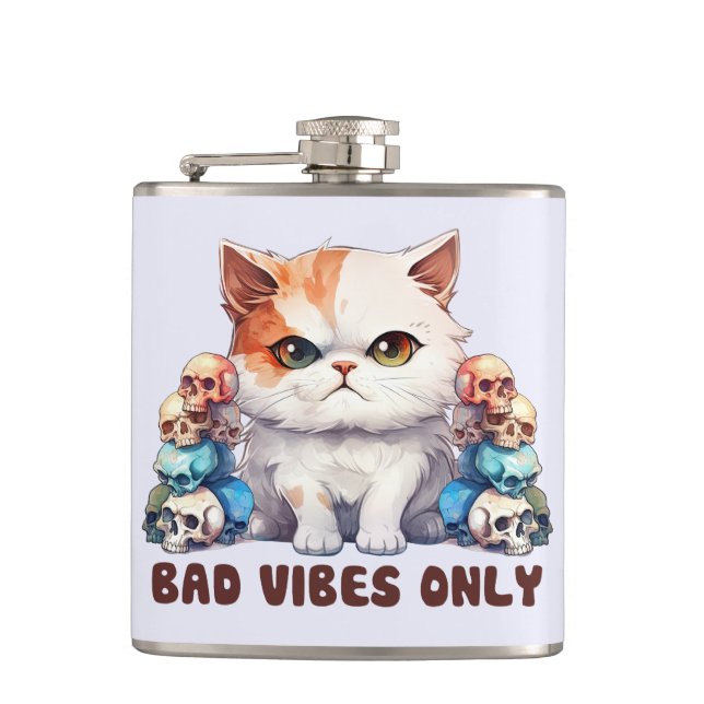 Bad Vibes Only – Fierce Cat & Skulls Gothic Design Hip Flask (Front)