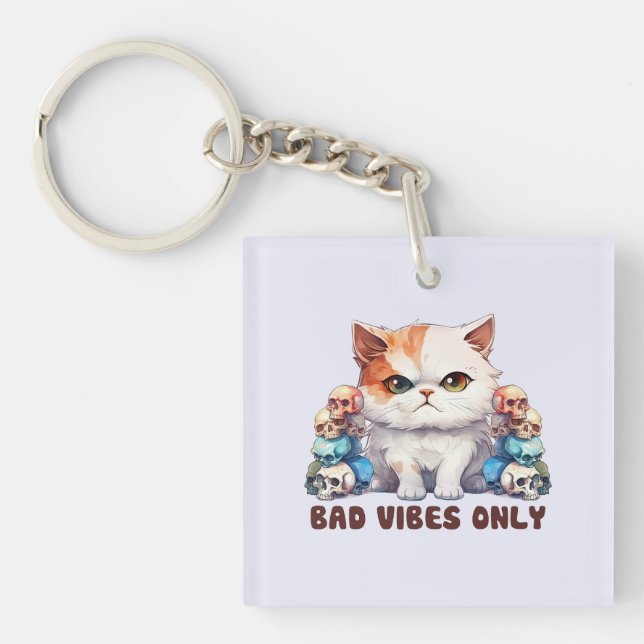 Bad Vibes Only – Fierce Cat & Skulls Gothic Design Key Ring (Front)