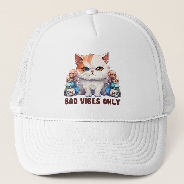 Bad Vibes Only – Fierce Cat & Skulls Gothic Design Trucker Hat (Front)