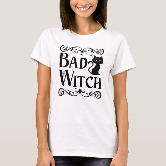 Bad Witch Black Cat Black and White Halloween  T-Shirt (Front)