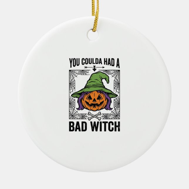 Bad Witch Funny Halloween Pumpkin Witch_1 Ceramic Tree Decoration (Front)
