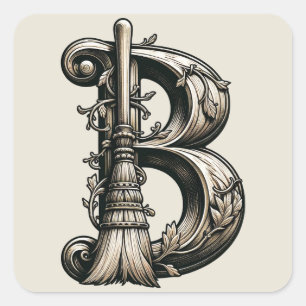 Bad Witch Witchy Broom Letter B Custom Initial  Square Sticker