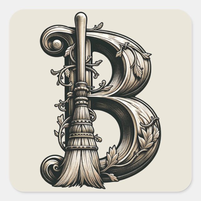 Bad Witch Witchy Broom Letter B Custom Initial  Square Sticker (Front)