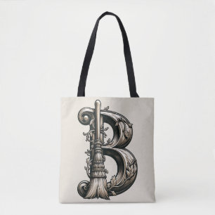 Bad Witch Witchy Broom Letter B Custom Initial Tote Bag