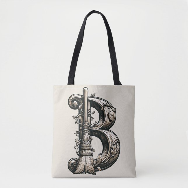 Bad Witch Witchy Broom Letter B Custom Initial  Tote Bag (Front)