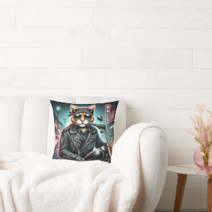 Badass Cat – Motorcycle Feline Rebel in Leather Ja Cushion