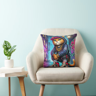 Badass Cat – Urban Street-Style Feline with Graffi Cushion