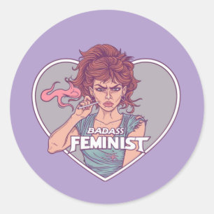 BADASS FEMINIST, cartoon Classic Round Sticker