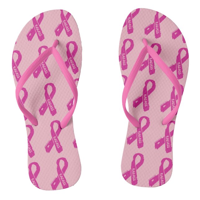 Badass/ torn ribbon...Breast Cancer Flip Flops (Footbed)