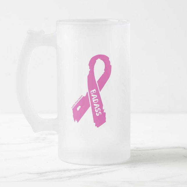 Badass/ torn ribbon...Breast Cancer Frosted Glass Beer Mug (Left)
