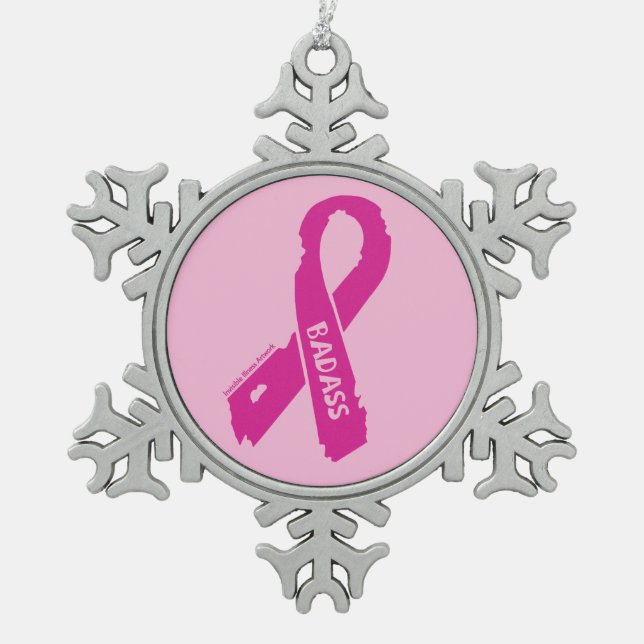 Badass/ torn ribbon...Breast Cancer Snowflake Pewter Christmas Ornament (Front)