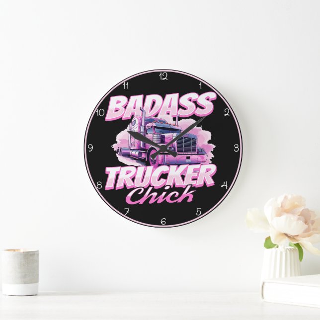 Badass Trucker Chick Pink Power Large Clock (Home)