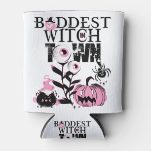 Baddest Witch in Town Halloween in scary pink Can Cooler