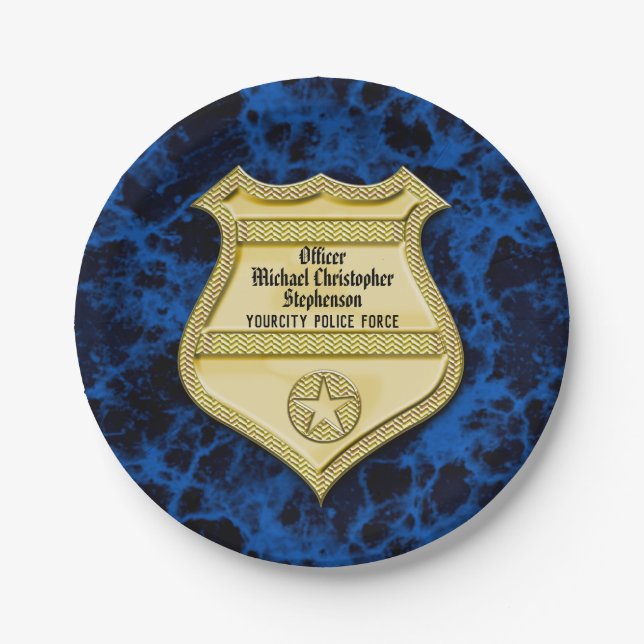 Badge Marble Police Graduation/Retirement Party Paper Plate (Front)