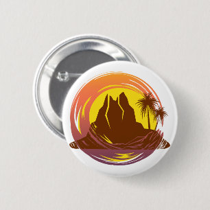 Badge with tropical volcano scenery and palm trees